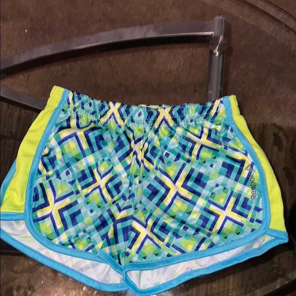 Reebok Blue and Yellow Athletic Shorts with Geometric Design